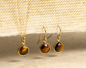 Tigers Eye Necklace and Drop Earrings Matching Set - Delicate, Dainty, minimalist, simple gold jewelry gift for mom, girlfriend, daughter