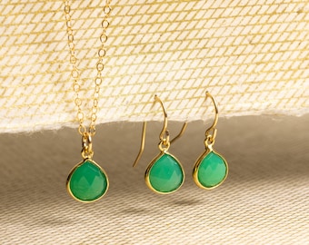 Chrysoprase Necklace and Drop Earrings Matching Set - Delicate, Dainty, minimalist, simple gold jewelry gift for mom, girlfriend, daughter