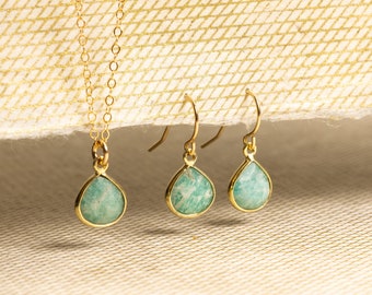 Amazonite Necklace and Drop Earrings Matching Set - Delicate, Dainty, minimalist, simple gold jewelry gift for mom, wife, girlfriend, bff