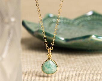 Amazonite Drop  Gemstone Pendant Necklace - Minimalist, dainty, petite 14k gold filled chain - Jewelry gifts for her, mom, wife, girlfriend