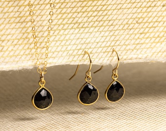 Black Onyx Necklace and Drop Earrings Matching Set - Delicate, Dainty, minimalist, simple gold jewelry gift for wife, girlfriend, daughter