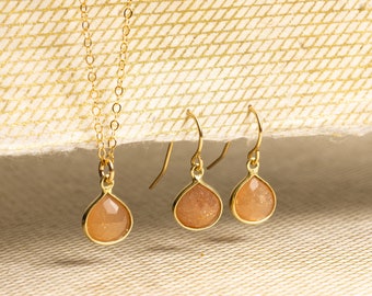 Peach Moonstone Necklace and Drop Earrings Matching Set - Delicate, Dainty, minimalist, simple gold jewelry gift for mom, wife, daughter