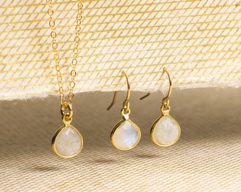 Moonstone Necklace and Drop Earrings Matching Set - Delicate, Dainty, minimalist, simple gold jewelry gift for wife, girlfriend, daughter