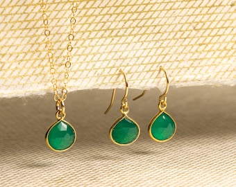Green Onyx Necklace and Drop Earrings Matching Set - Delicate, Dainty, minimalist, simple gold jewelry gift for wife, girlfriend, daughter