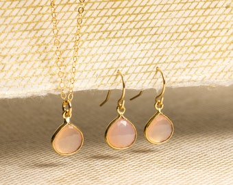 Pink Chalcedony Necklace and Drop Earrings Matching Set - Delicate, Dainty, minimalist, simple gold jewelry gift for mom, wife, daughter