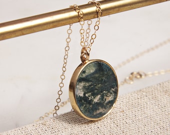 Moss agate round pendant necklace on 14k gold filled dainty chain / Moss jewelry / Unique jewelry gifts for her / Gold jewelry and pendants