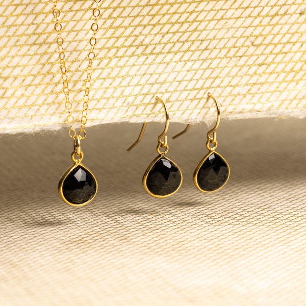Black Onyx Necklace and Drop Earrings Matching Set - Delicate, Dainty, minimalist, simple gold jewelry gift for wife, girlfriend, daughter