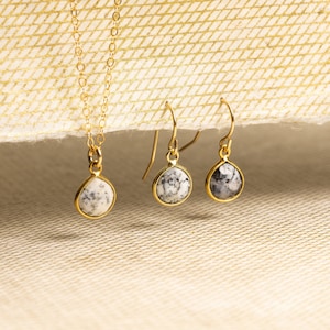 Dendrite Opal Necklace and Drop Earrings Matching Set - Delicate, Dainty, minimalist, simple gold jewelry gift for mom, girlfriend, daughter