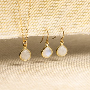 Moonstone Necklace and Drop Earrings Matching Set - Delicate, Dainty, minimalist, simple gold jewelry gift for wife, girlfriend, daughter