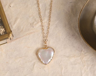 Heart necklace / Pearl hear necklace on 14k gold filled cable chain / Bridesmaids necklaces, bridal jewelry, maid of honor pearl pendant
