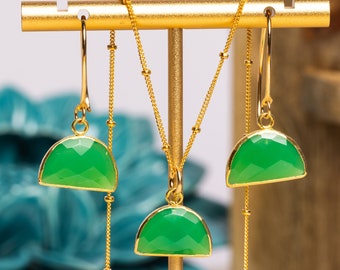 Gold Chrysoprase Necklace and Earrings SET / Geometric, minimalist half-circle pendant on 14k gold filled chain with matching drop earrings