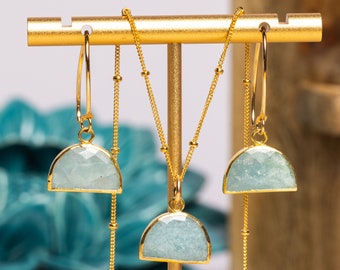 Gold Aquamarine Necklace and Earrings SET / Geometric, minimalist half-circle pendant on 14k gold filled chain with matching drop earrings