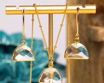 Gold Clear Quartz Necklace & Earrings SET / Geometric, minimalist half-circle pendant on 14k gold filled chain w/ matching drop earrings