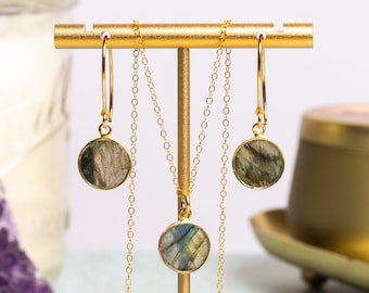 Labradorite Jewelry Set - Circle Pendant Necklace AND set of matching dangle earrings in 14k gold filled chain and ear wires - Jewelry Gifts