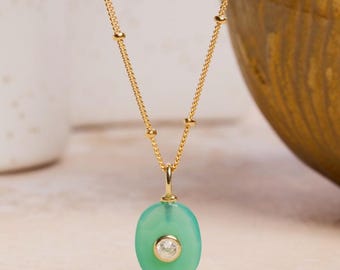 Gold Chrysroprase Pendant Necklace - Minimalist, Geometric, Green Gemstone on 14k Gold Filled long or short layering satellite chain for her