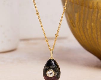 Gold Hyperstein Teardrop Pendant Necklace - Minimalist, Geometric, Black Gemstone on 14k Gold Filled long or short layering satellite chain