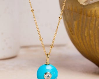 Gold Turquoise Dome Pendant Necklace - Minimalist, Geometric, Blue Gemstone on 14k Gold Filled long or short layering satellite chain