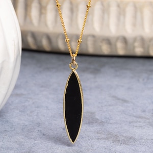 Gold Filled Black Onyx Necklace – Gold Bezel Onyx Long Marquise Pendant on 14k Gold Filled Satellite Chain - Jewelry gifts for her, mom