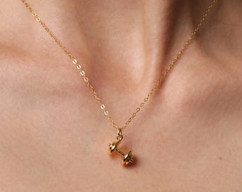 Gold Dumbell Necklace for Women - For the Athletic, fitness, strong gals - Strength Necklace - Dainty gold necklace - Active lifestyle.