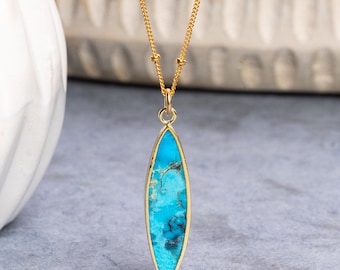 Gold Filled Turquoise Necklace – Gold Bezel Turquoise Long Marquise Pendant on 14k Gold Filled Satellite Chain - Jewelry gifts for her, mom