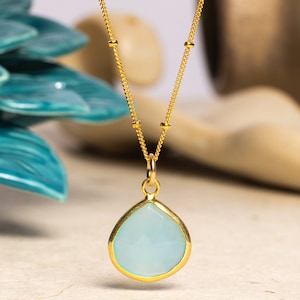 Blue Chalcedony Gold Drop Pendant Necklace on 14k Gold Filled Long or Short Satellite Chain - Timeless Jewelry Gifts for her, mom, wife