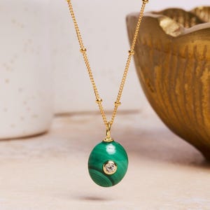 Gold Malachite Oval Pendant Necklace - Minimalist, Geometric, Green Gemstone on 14k Gold Filled long or short layering satellite chain