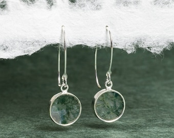 Moss Agate Drop Earrings - 925 Sterling Silver Ear-wire - Long, statement, minimalist, silver earrings for Mom, Grandma, Wife, Sister, BFF