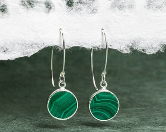 Green Malachite 925 Sterling Silver long circle drop earrings - Minimalist, Elegant, Sophisticated Jewelry for Mom, Wife, Sister, Bridesmaid