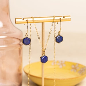 Lapis Lazuli Hexagon Necklace and Earrings Matching Set Delicate, Dainty, geometric, minimalist, gold jewelry gift for mom, wife, girlfriend image 4