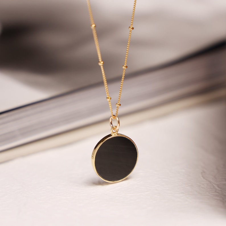 Black Obsidian Circle Pendant Necklace for Her Minimalist geometric jewelry on 20 inch 14k gold filled satellite chain Mother's Day Gift image 1