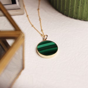Green Malachite Circle Disc Pendant Necklace on 14k gold filled 20 inch Satellite chain Jewelry Gifts for her Minimalist Boho layering style image 8