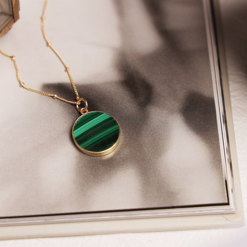 Green Malachite Circle Disc Pendant Necklace on 14k gold filled 20 inch Satellite chain Jewelry Gifts for her Minimalist Boho layering style image 3