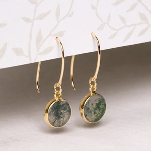 Moss Agate Minimalist Gold Earrings - Unique, each one one-of-a-kind pattern authentic gemstone gold drop earrings for her, mom, wife, bff