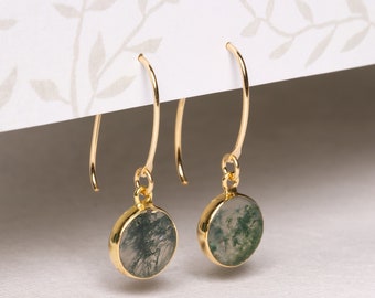 Moss Agate Minimalist Gold Earrings - Unique, each one one-of-a-kind pattern authentic gemstone gold drop earrings for her, mom, wife, bff