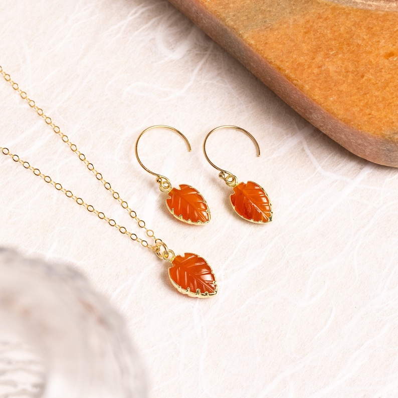 Carnelian Necklace Set Leaf shape gemstones matching SET of earrings AND necklace 14k gold filled chain and earwires Bridesmaids gift image 1