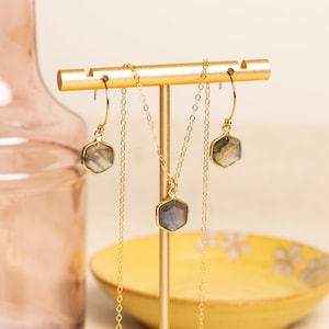 Labradorite Hexagon Necklace and Earrings Matching Set Delicate, Dainty, geometric, minimalist, gold jewelry gift for mom, wife, girlfriend image 4