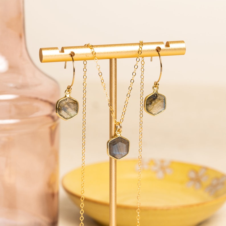 Labradorite Hexagon Necklace and Earrings Matching Set Delicate, Dainty, geometric, minimalist, gold jewelry gift for mom, wife, girlfriend image 4