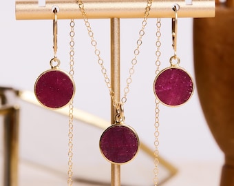 Raw Ruby Necklace and Earrings Jewelry SET - July Birthstone -  14k Gold Filled delicate chain and lever backs - Jewelry gifts for her
