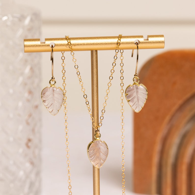 Rose Quartz Necklace Set Leaf shape gemstones matching SET of earrings AND necklace 14k gold filled chain and earwire Bridesmaids gift image 3