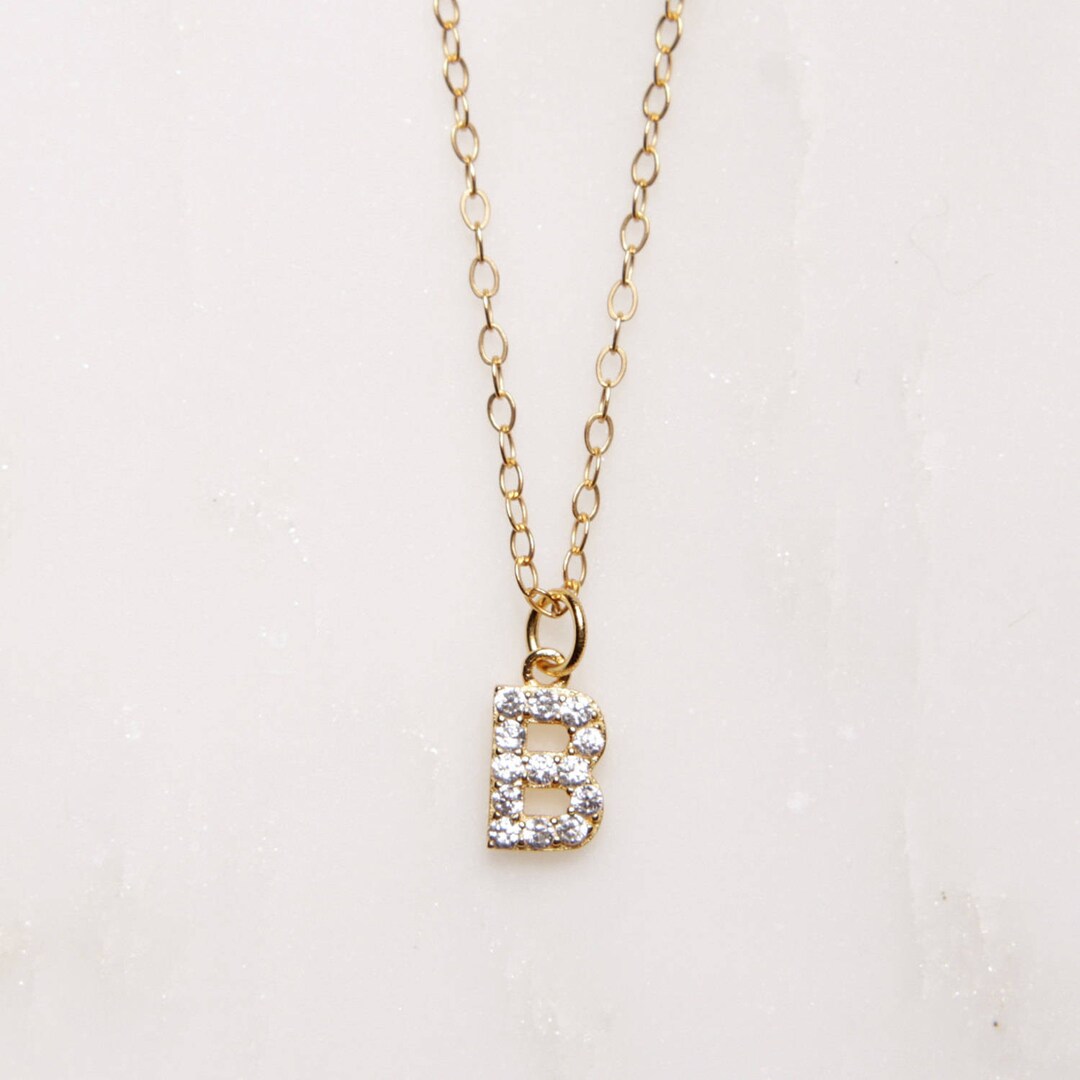 Initial Necklace b Pave CZ Stone Dainty Initial - Etsy