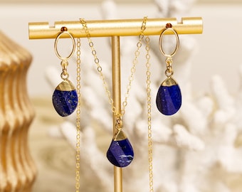 Lapis Lazuli Jewelry Set / Gold Oval Pebble Style Drop Pendant Necklace and Pushback Earrings / Jewelry Gifts for her, mom, girlfriend, bff