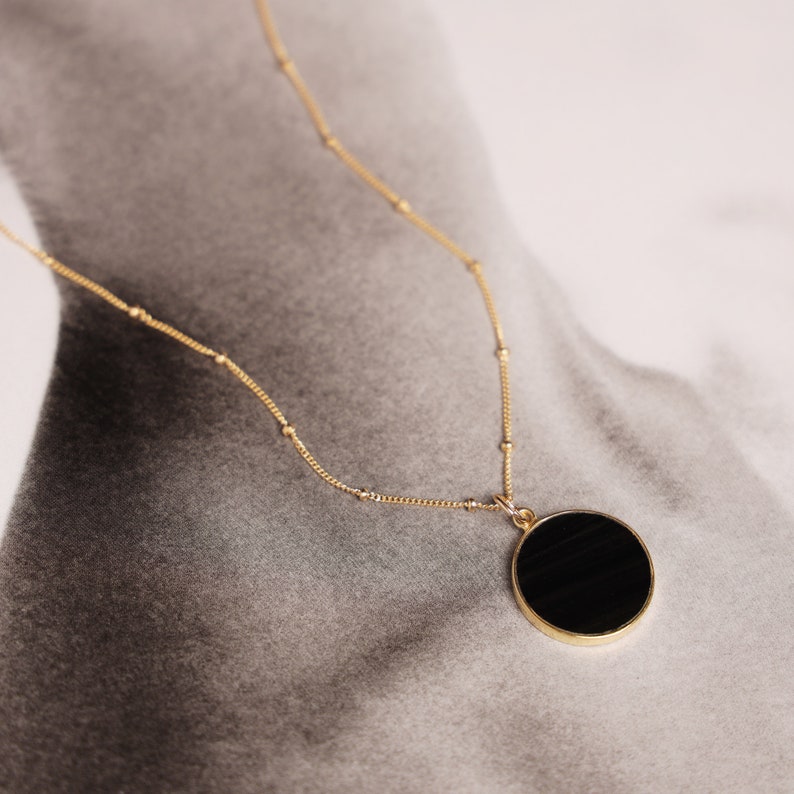 Black Obsidian Circle Pendant Necklace for Her Minimalist geometric jewelry on 20 inch 14k gold filled satellite chain Mother's Day Gift image 6