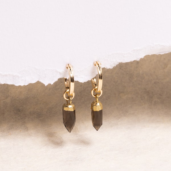 Smokey Quartz Spike Earrings - Genuine Quartz Point Pendants on 14k Gold Filled Hoops - Brown and Gold Boho, Modern earrings for her