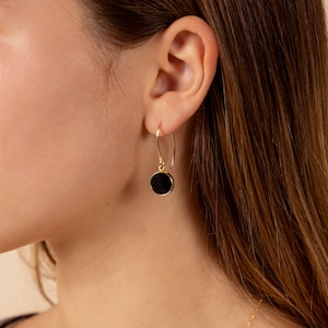 Black Obsidian and gold stunning circle drop earrings for her Unique, elegant, minimalist jewelry gift ideas for wife, mom, aunt, niece image 7