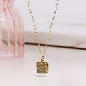 Labradorite Necklace - Geometric, square, genuine labradorite gold charm pendant on 14k gold filled delicate cable chain - jewelry gifts