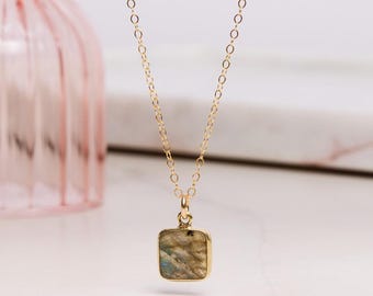Labradorite Necklace - Geometric, square, genuine labradorite gold charm pendant on 14k gold filled delicate cable chain - jewelry gifts