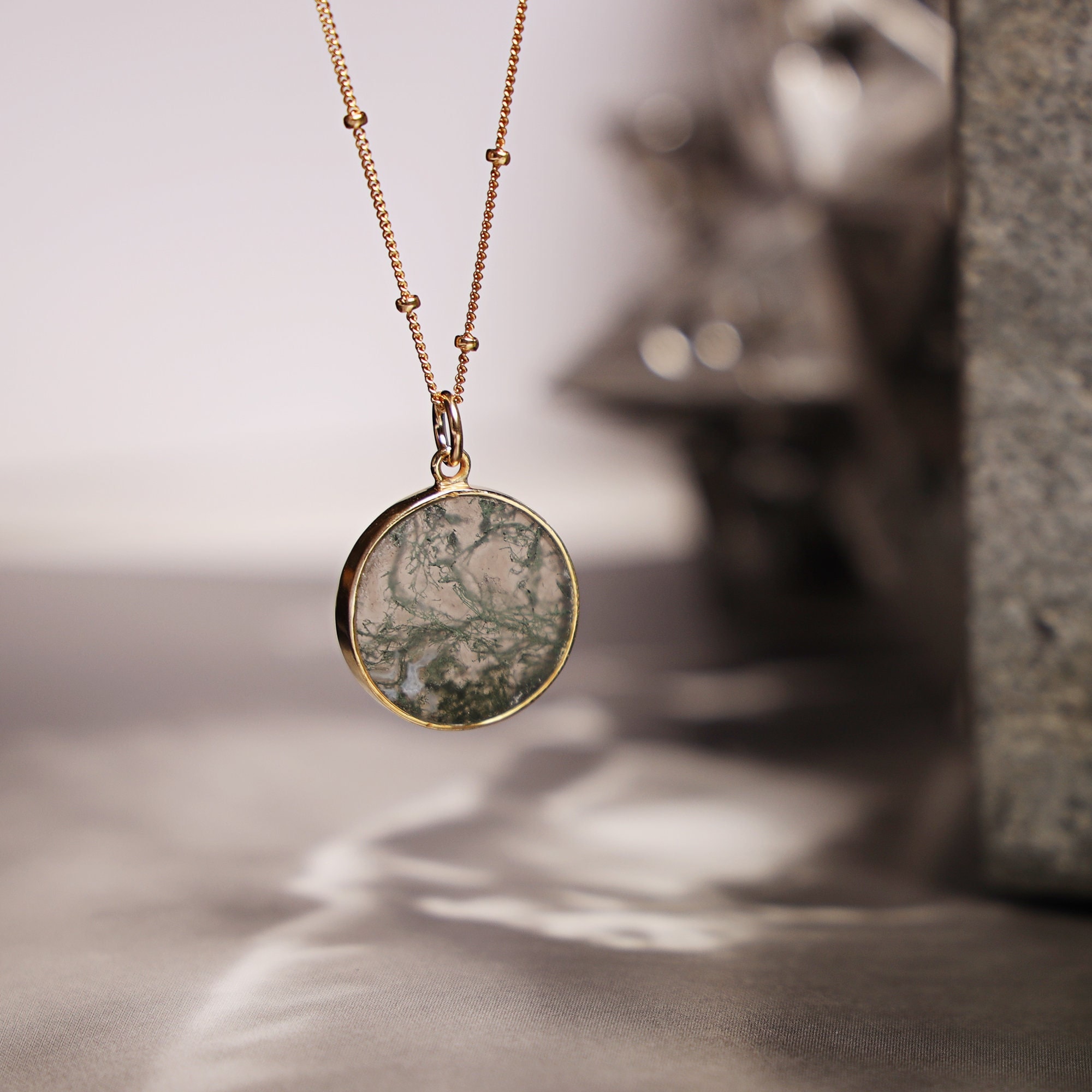 Genuine Moss Agate round circle disc necklace on 14k gold filled satellite chain / Long layering necklace / Boho look, raw natural gemstone
