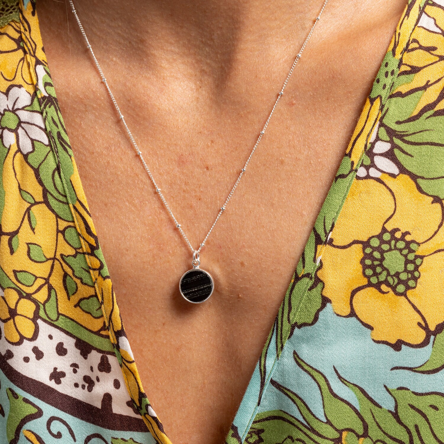 Black Obsidian Silver Jewelry Set - Circle Pendant Necklace  display picture 1