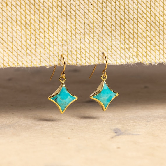 Turquoise Star Gold Drop Earrings 14k Gold Filled Earwire Hook Dangle 4 Point Star Earrings Celestial Boho Gem Drop Earrings for Her Etsy