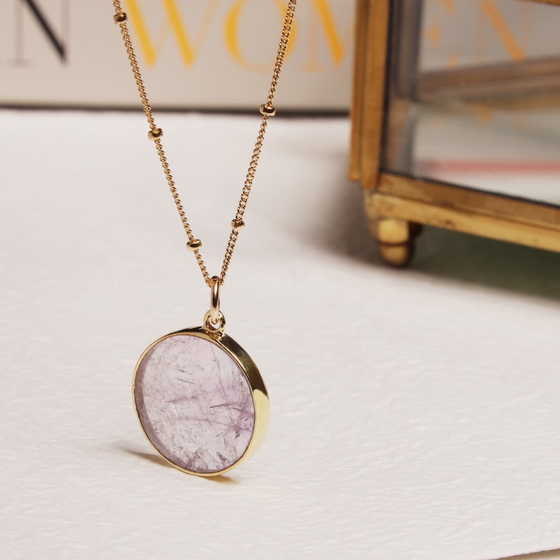 Amethyst Circle Necklace Round slice of genuine amethyst gemstone bezel in vermeil gold on 14k gold filled satellite chain Gifts for her image 1